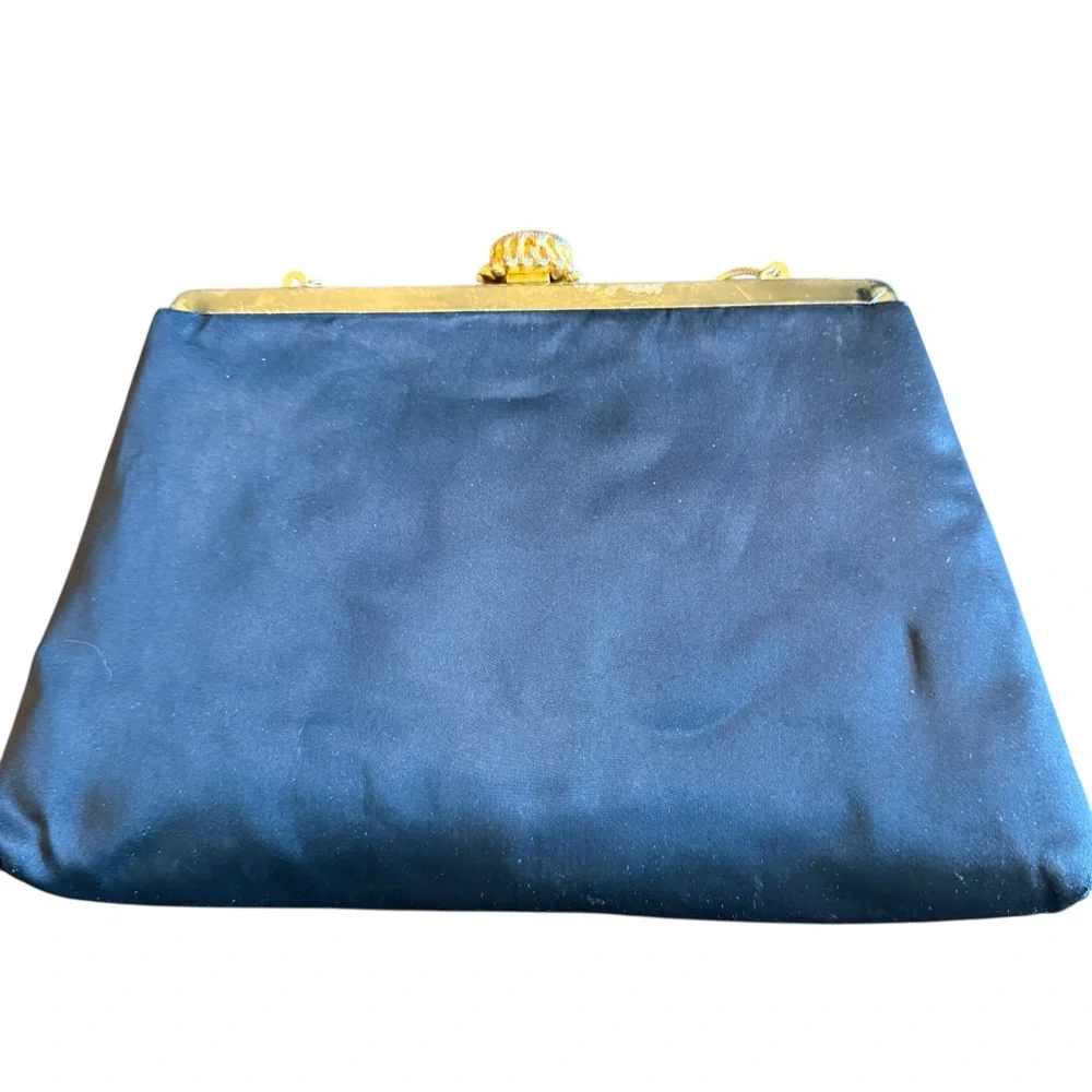 Vintage 1950s Black Satin Evening Purse with Ornate Gold Enamel Frame - Picture 5 of 8